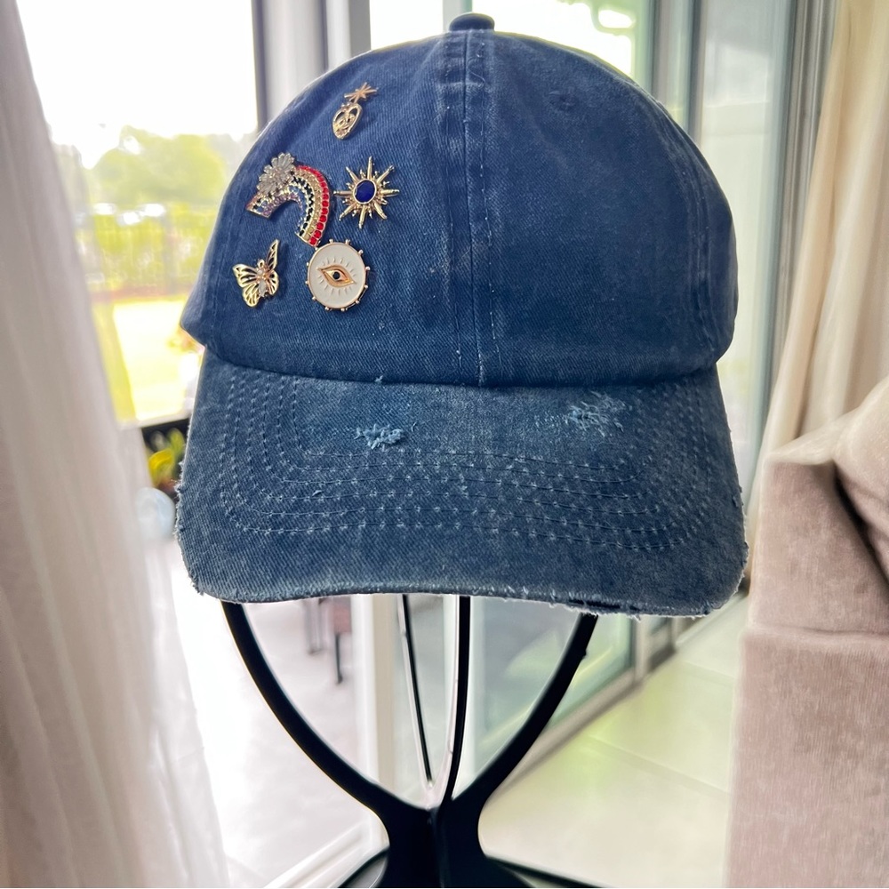 Jewel charm Blue Denim Distressed Cap.